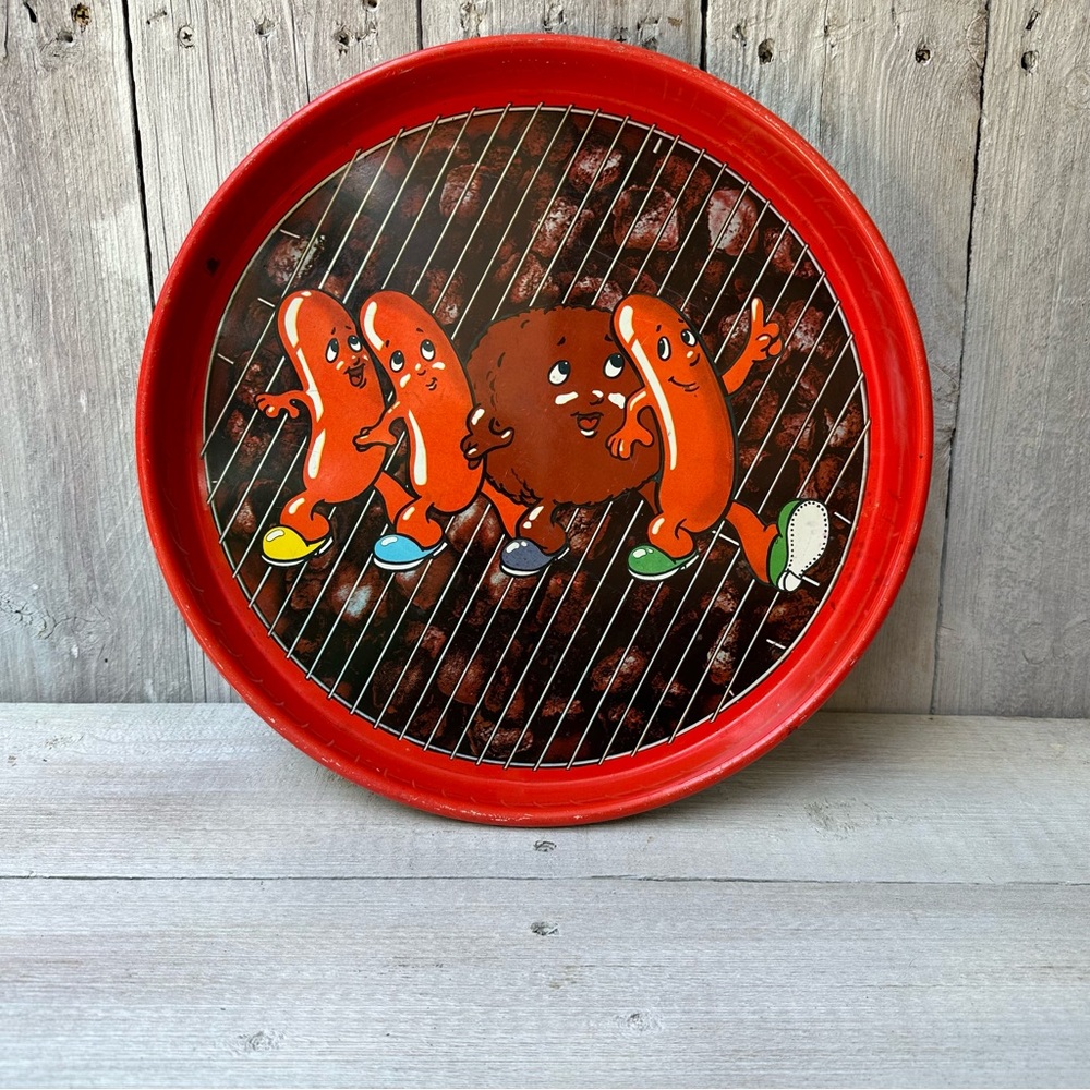 Vintage Cheinco Metal BBQ Tray W/Cartoon Hotdogs & Hamburgers